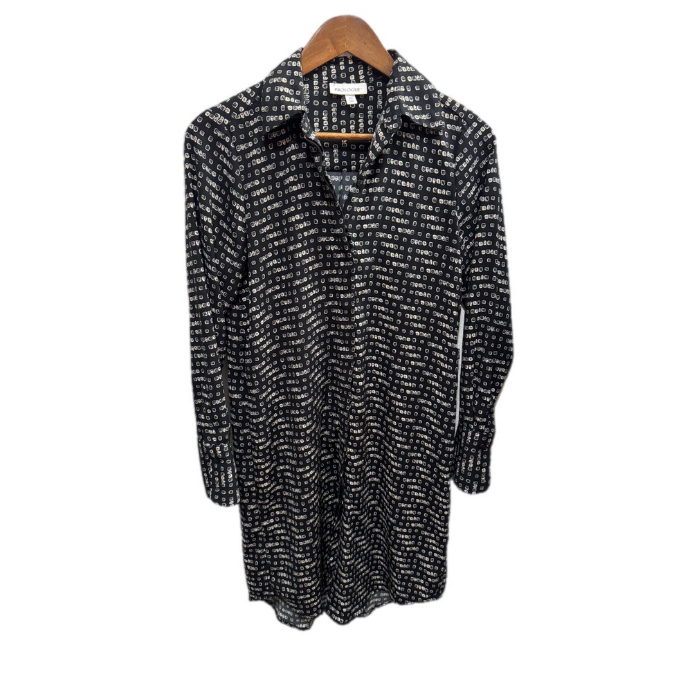 Prologue Shirt Dress Womens XS Black White Geometric Print Long Sleeve Excellent